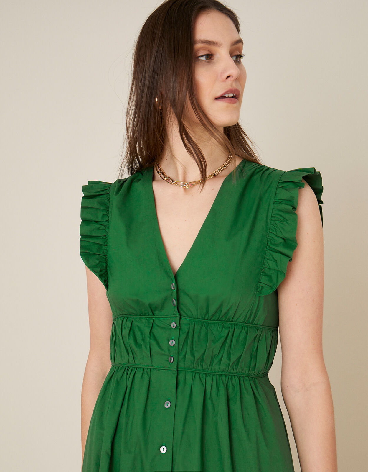 Tiered Midi Dress in Pure Cotton Green ...